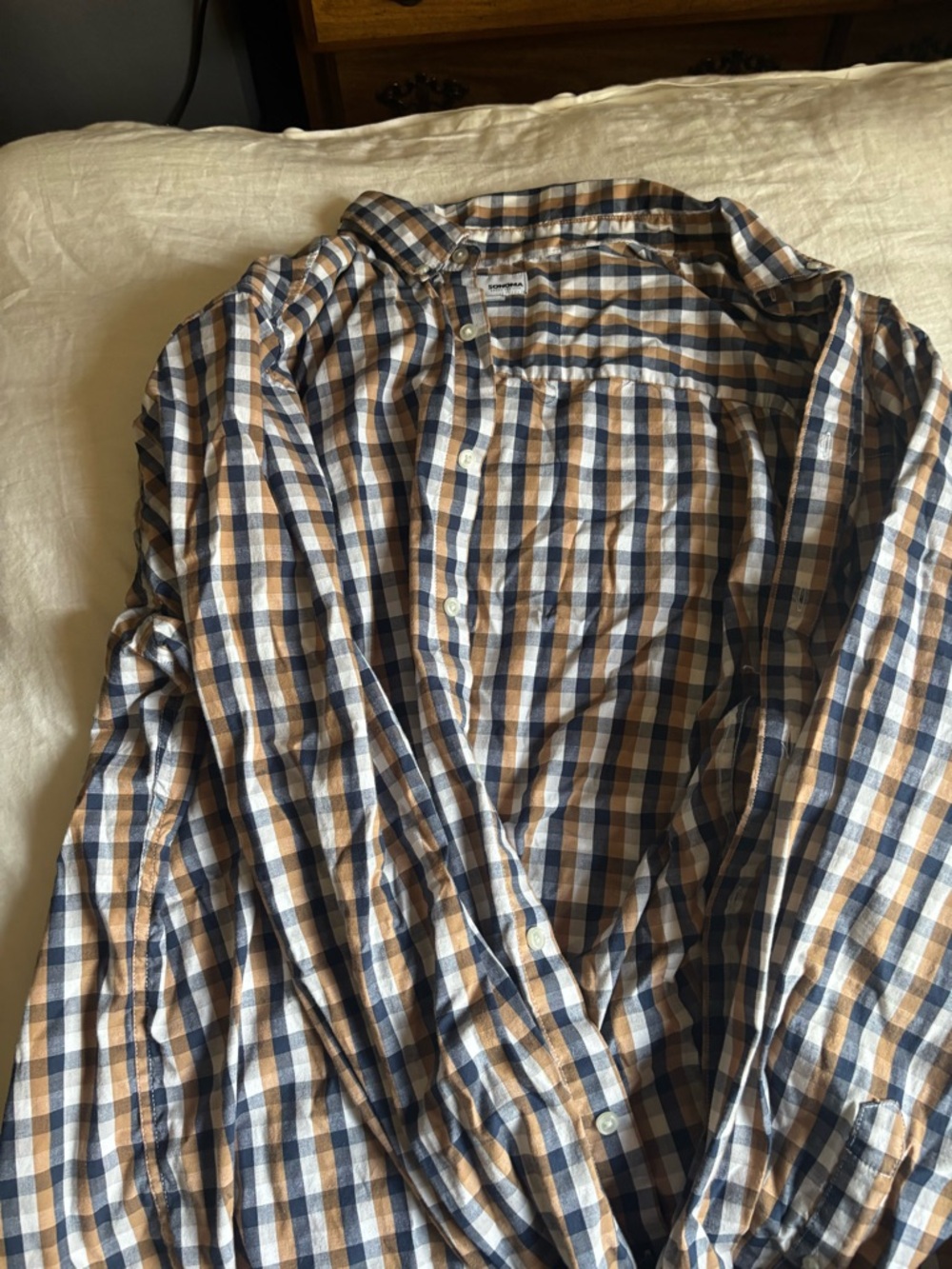Sonoma Plaid Button-Down in Navy, Tan, and White
